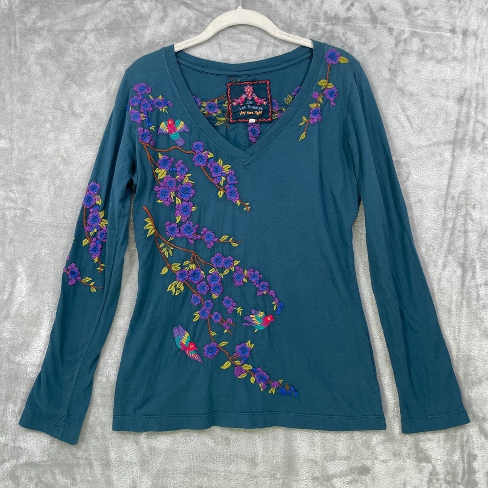 Johnny Was Teal Long-Sleeve V-Neck Top with Purple Floral Embroidery